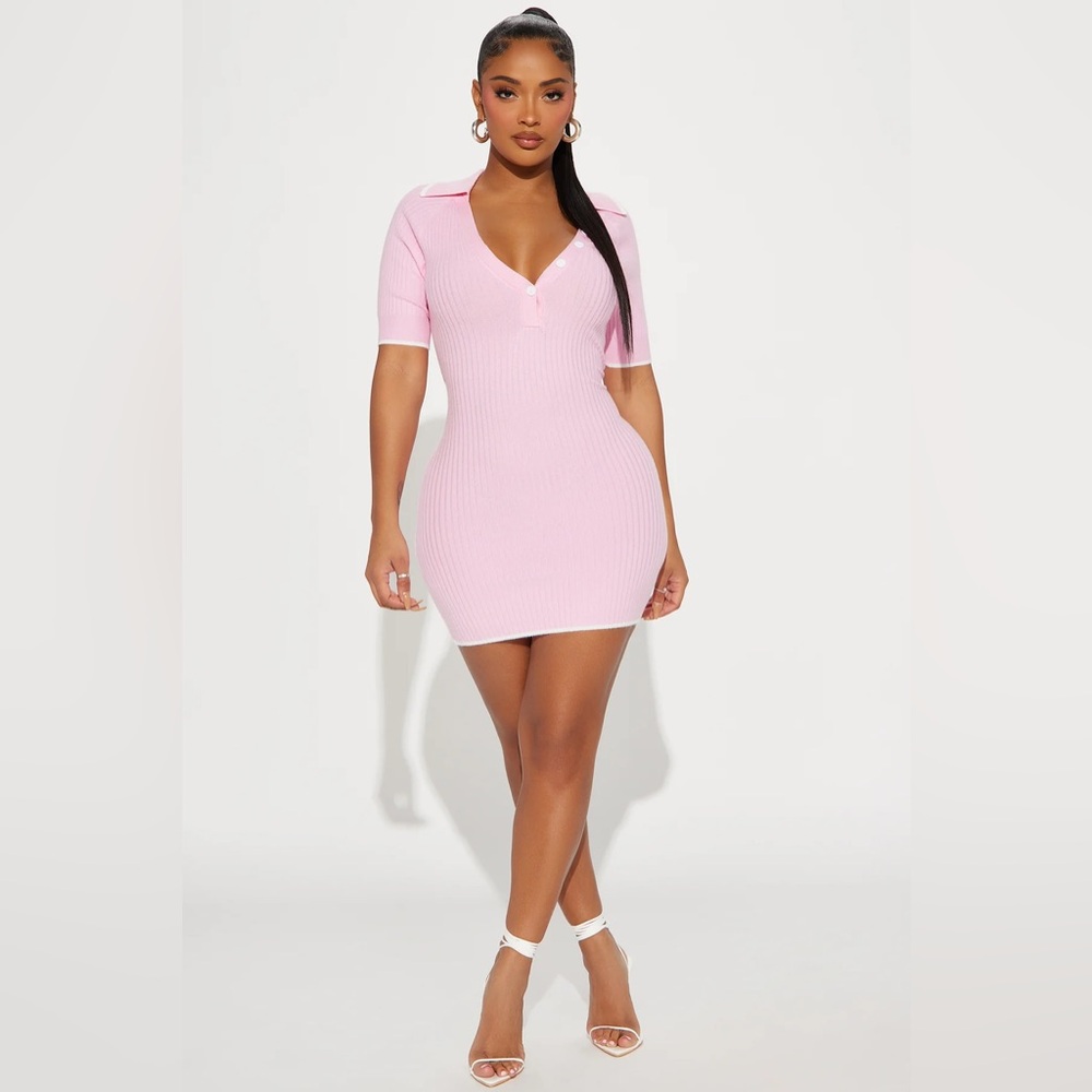 Fashion Nova Pink & White Polo Collared Ribbed Sweater Mini Dress